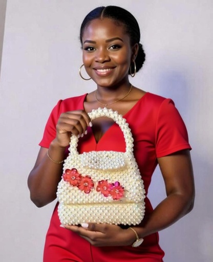 Sac à Main Perles Blanches & Fleurs Rouges Artisanal – Élégance Wolof
